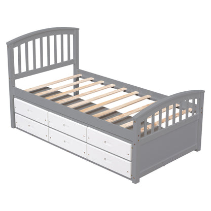 Platform Storage Bed Solid Wood Bed With 6 Drawers