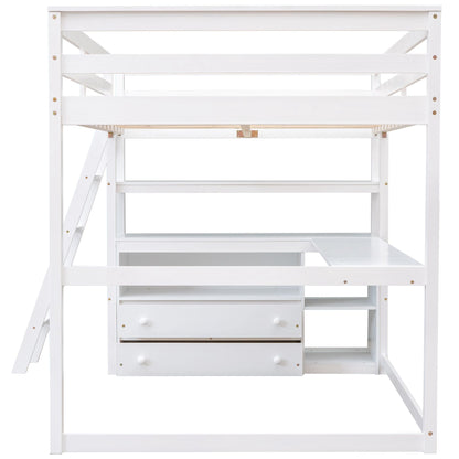 Modern Loft Bed With Built In Desk, Shelves, And 2 Drawers