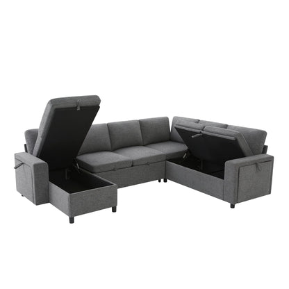 U - Shaped Convertible Sectional Sofa Bed With Storage, USB Charger & Cup Holders
