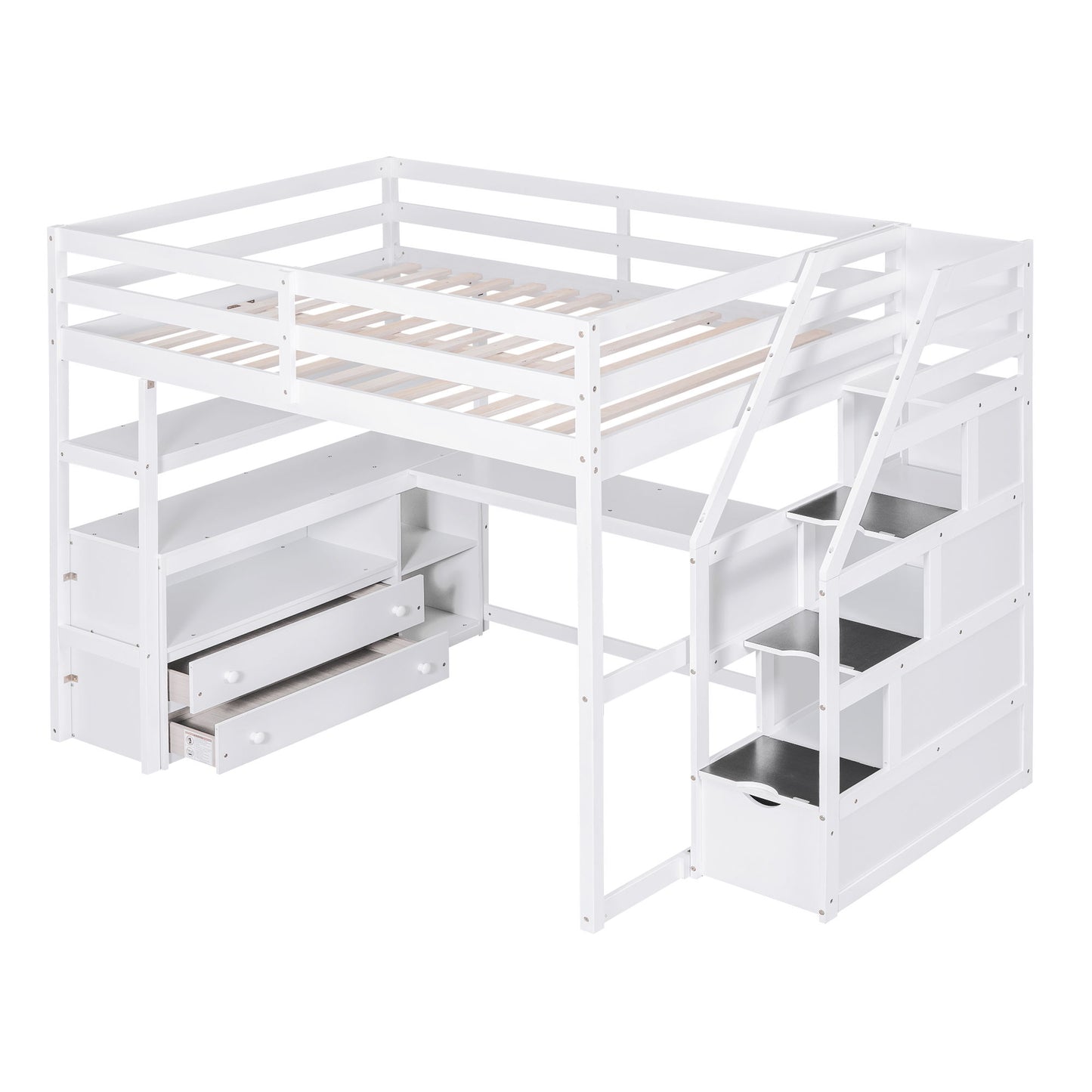 Loft Bed With Desk, Shelves, 2 Drawers, Storage Staircase