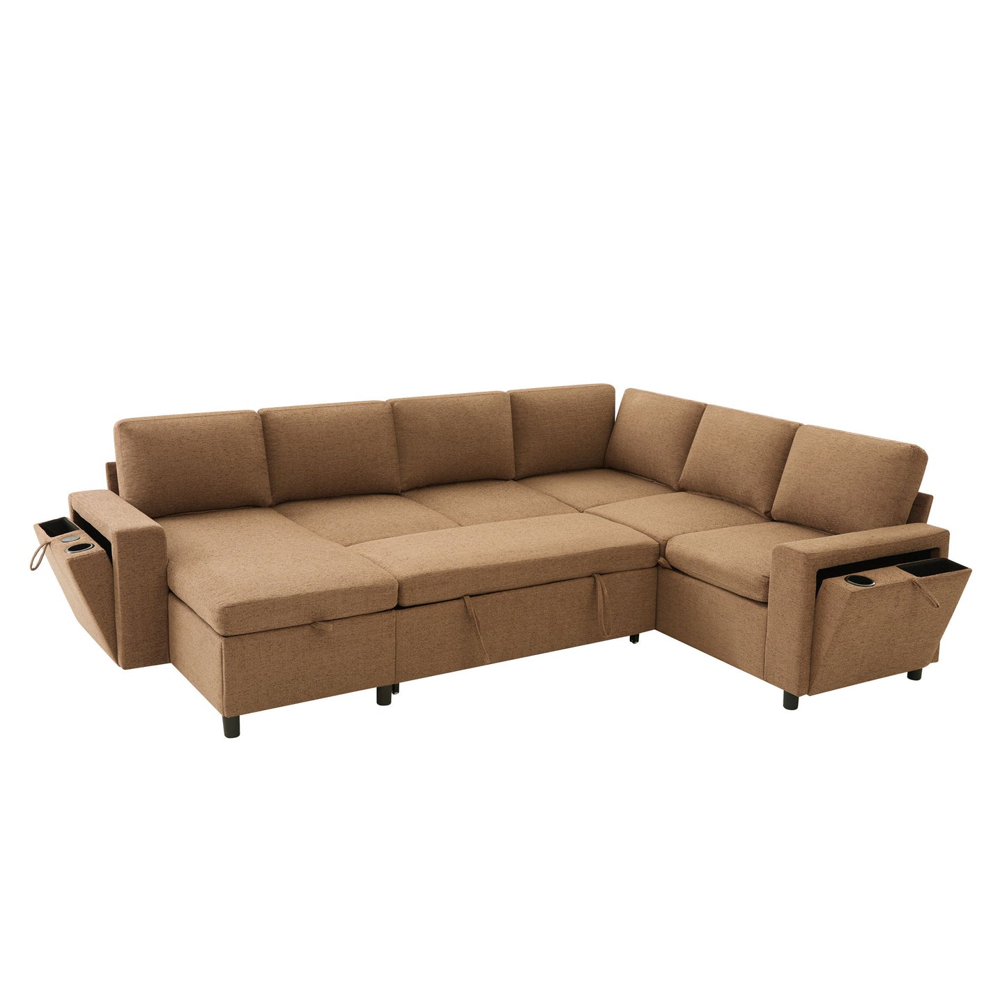 U - Shaped Convertible Sectional Sofa Bed With Storage, USB Charger & Cup Holders