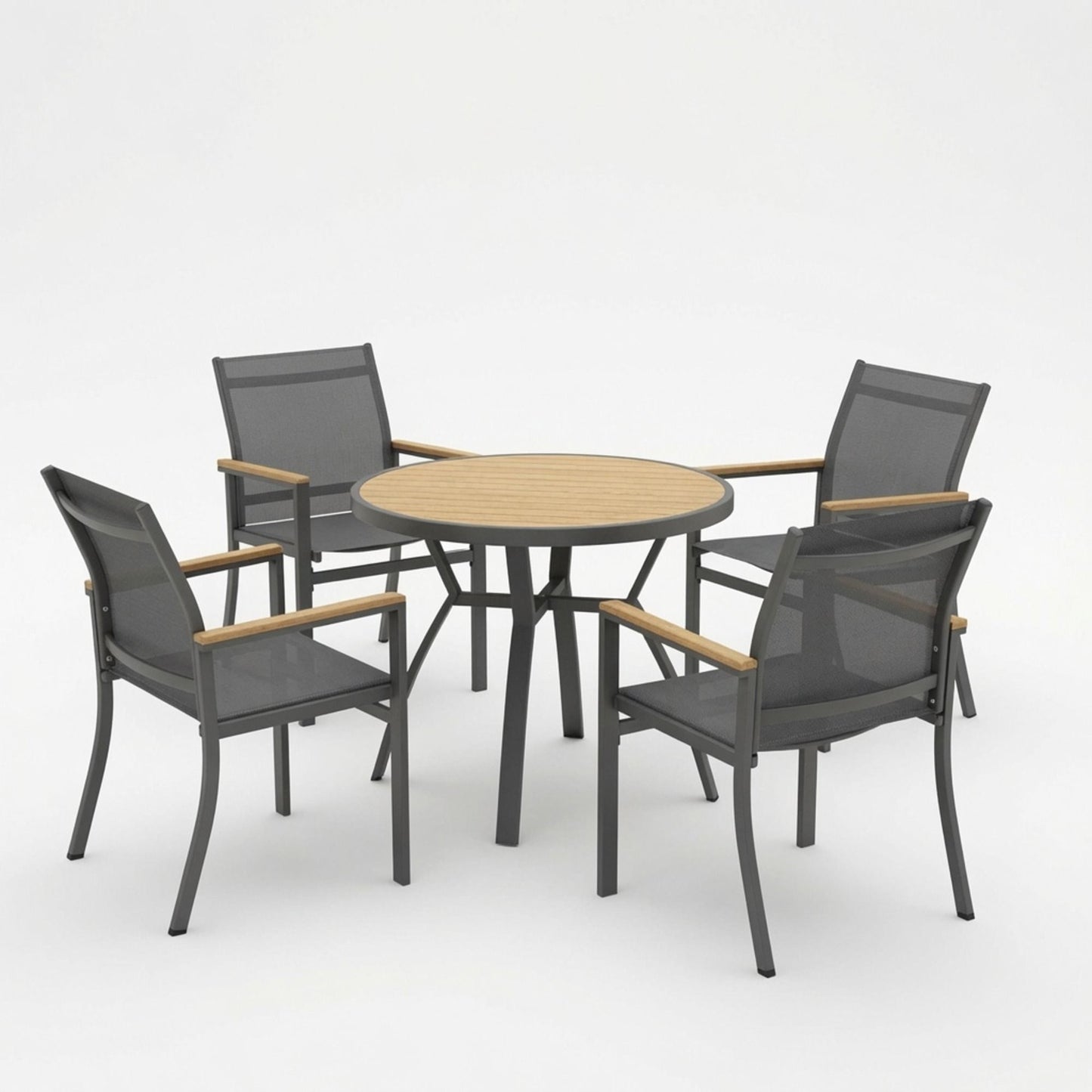Gray Aluminum Patio Dining Set With Textilene Chairs, 5 Piece All Weather Round Table And 4 Seater For Garden, Deck, Or Porch