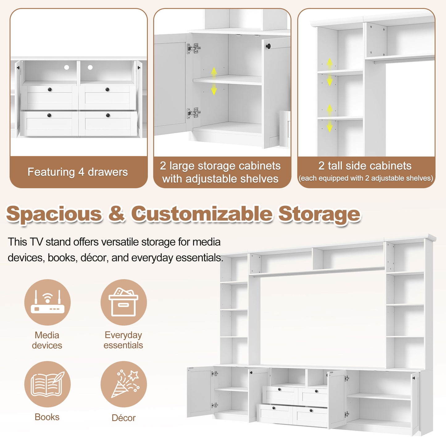Farmhouse Elegant Entertainment Center Wall Unit With 4 Drawers