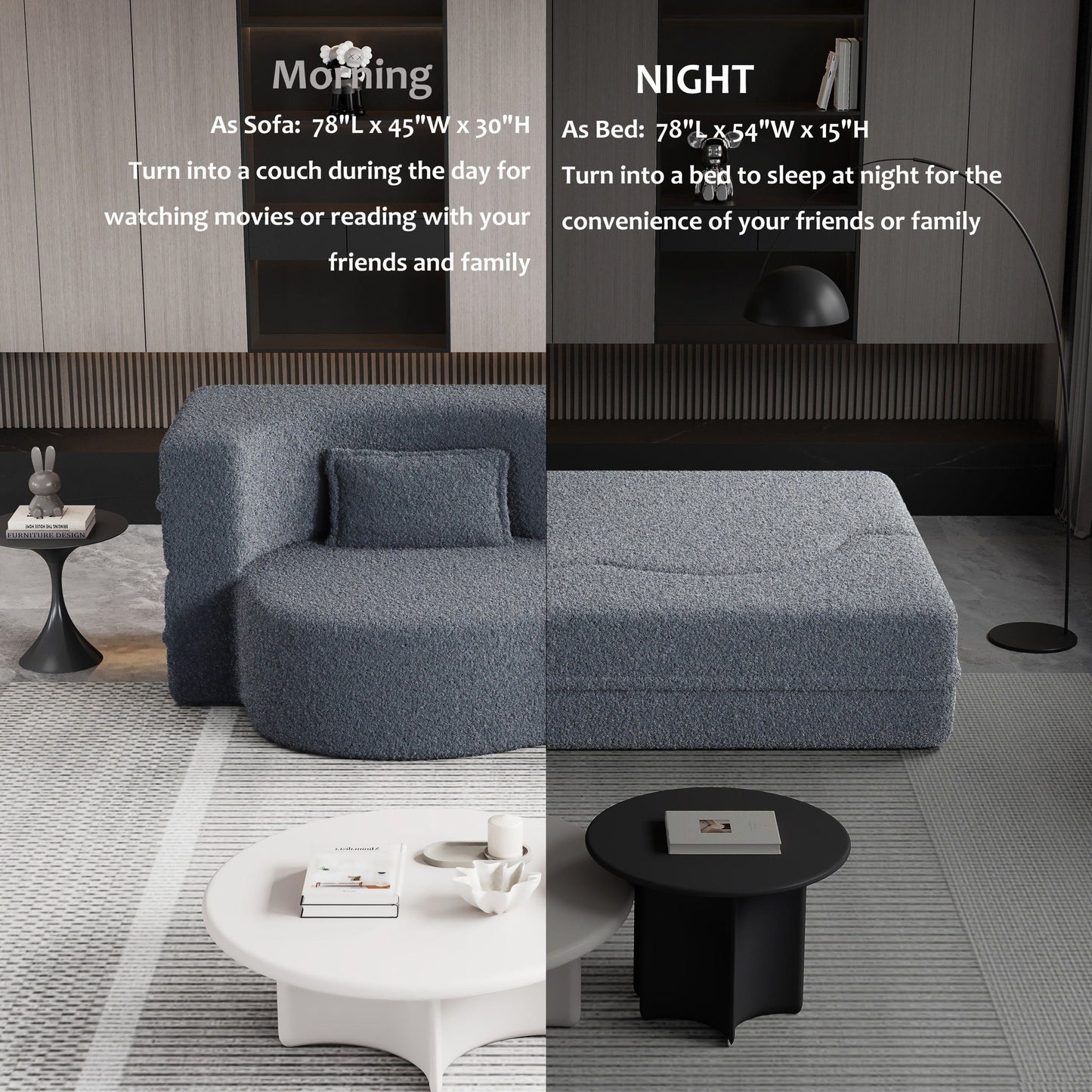 Modern Floor Sofa, With 2 Pillows, Convertible Teddy Fabric Foam Filled Bed