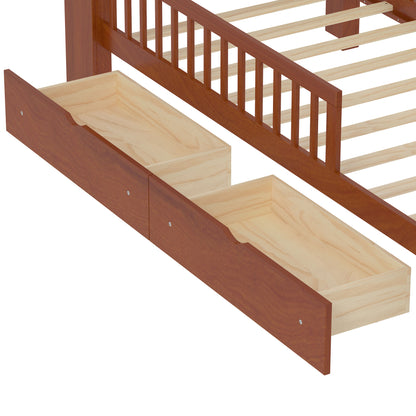 Bed With Headboard Storage Rack, 2 Under Bed Drawers, 3 Side Guardrails For Safety