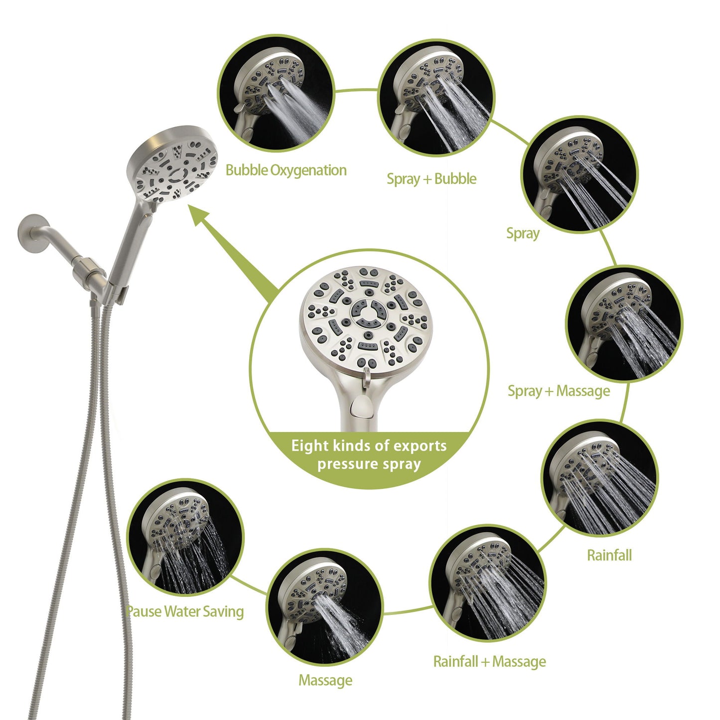 Multi Function Adjustable Hand Shower 8 Function Hand Shower, Plastic Construction - Brushed Nickel