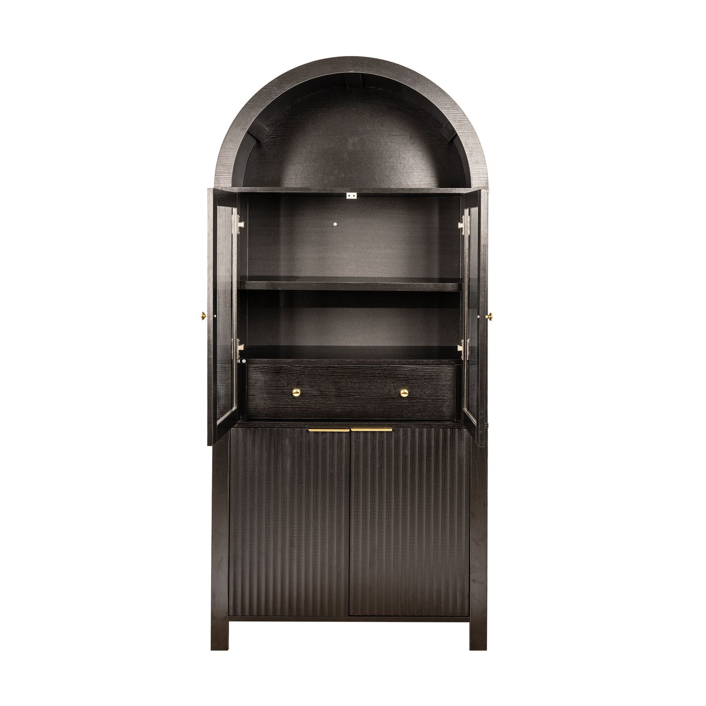 Fluted Tall Arched Pantry Cabinet With Adjustable Shelves, Glass Door & Hidden Drawer For Kitchen