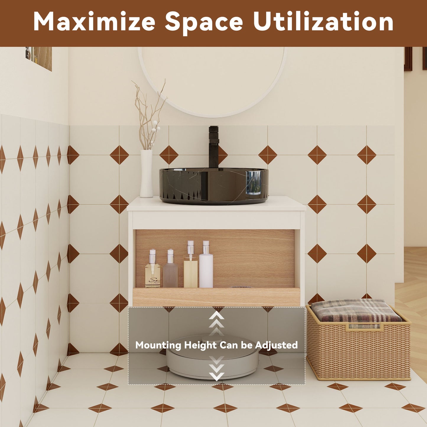 Floating Bathroom Vanity With Vessel Sink With Open Shelf Storage