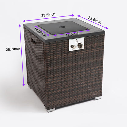 Propane Gas Square Fire Pit, Tile Tabletop With Beautiful Wicker Base For Outside