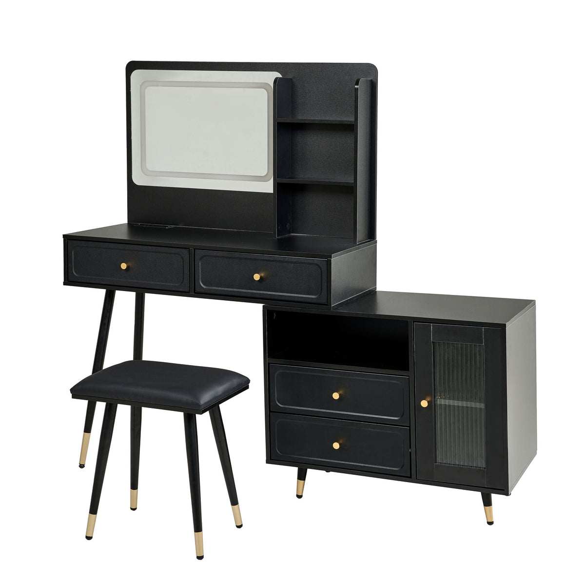 Modern Makeup Vanity Desk With Mirror And Lights Retractable Design Engineered Wood - Black