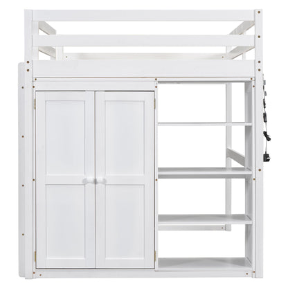 Loft Bed With Built In Wardrobe, Storage Shelves, And LED Light