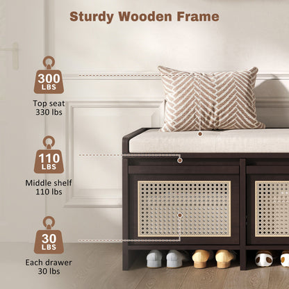 Entryway Shoe Bench With Drawers & Button Tufted Cushion