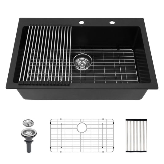Kitchen Sink Granite Composite Drop In Sink With Durable Material - Black