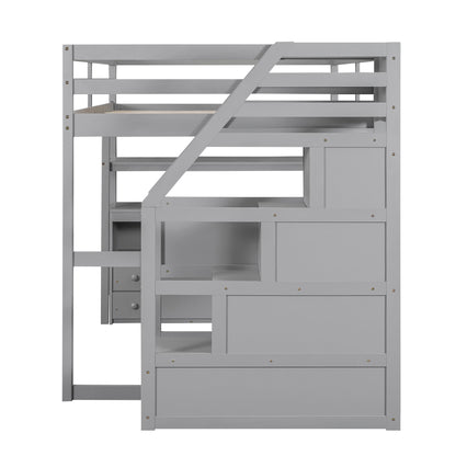 Loft Bed With Desk, Shelves, 2 Drawers, Storage Staircase