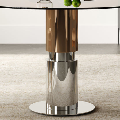 Round Dining Table With Tempered Glass Top - Brown