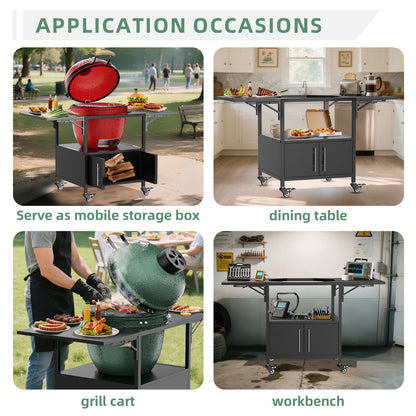 Outdoor Grill Table For Big Egg Style Bbq Metal Grill Cart With 2 Folding Panels Metal - Black