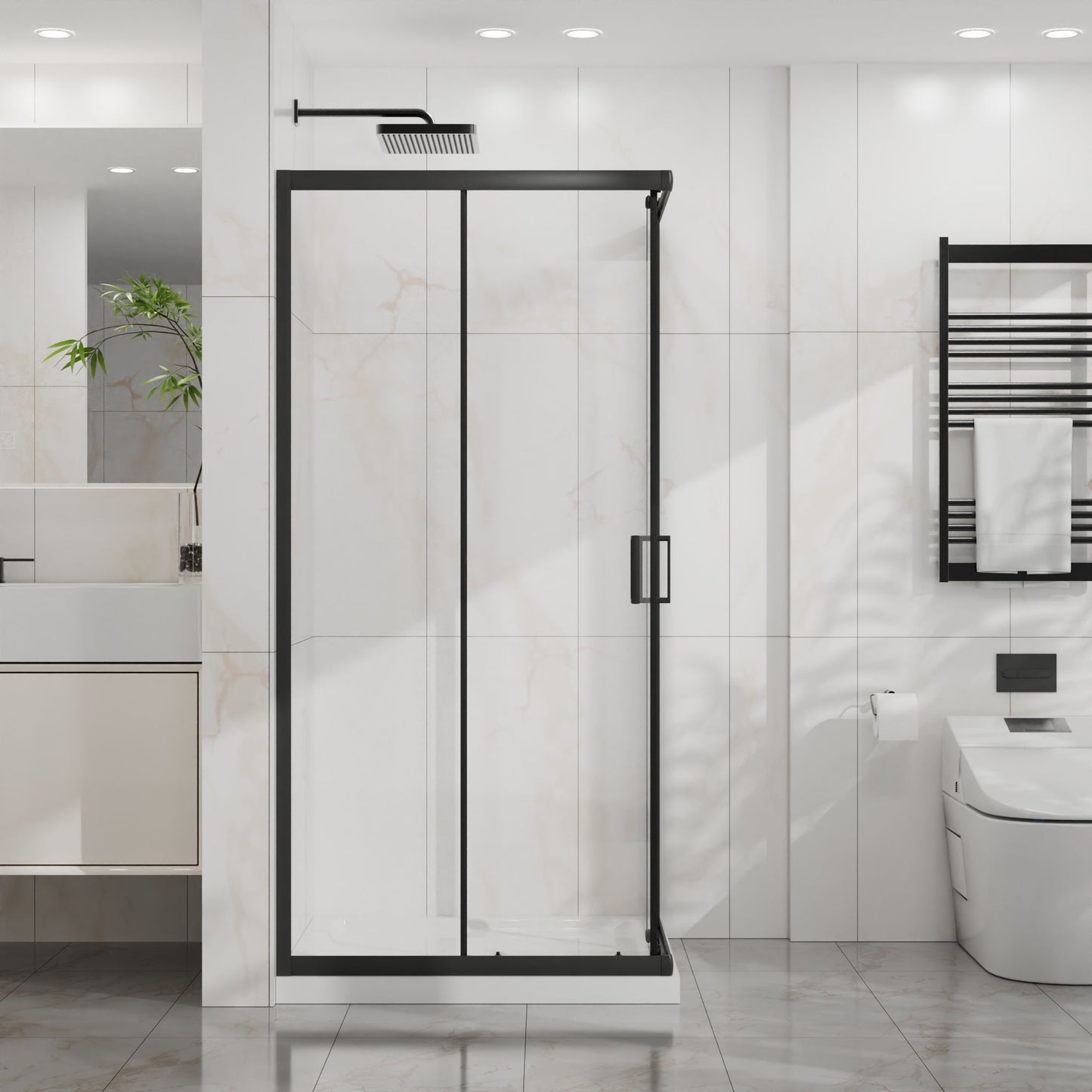 Corner Shower Enclosure, Double Sliding Door & Shower Base - Matte Black