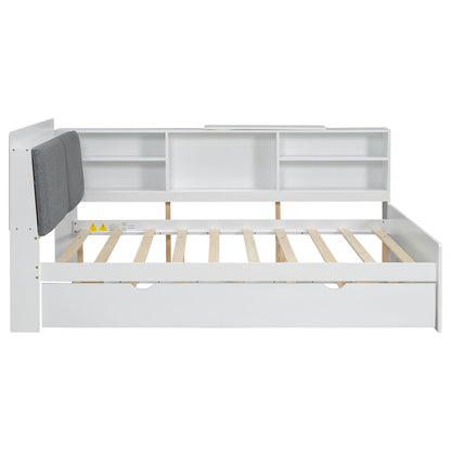 Platform Bed With Trundle, Shelves, And Storage Headboard