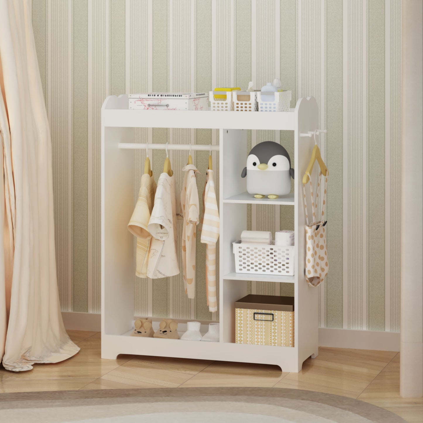Dress Up Storage With Mirror And Hooks, Clothes Rack With Hanging Rod, 3 Side Hooks, Open Shelves, Top Shelf Organizer - White
