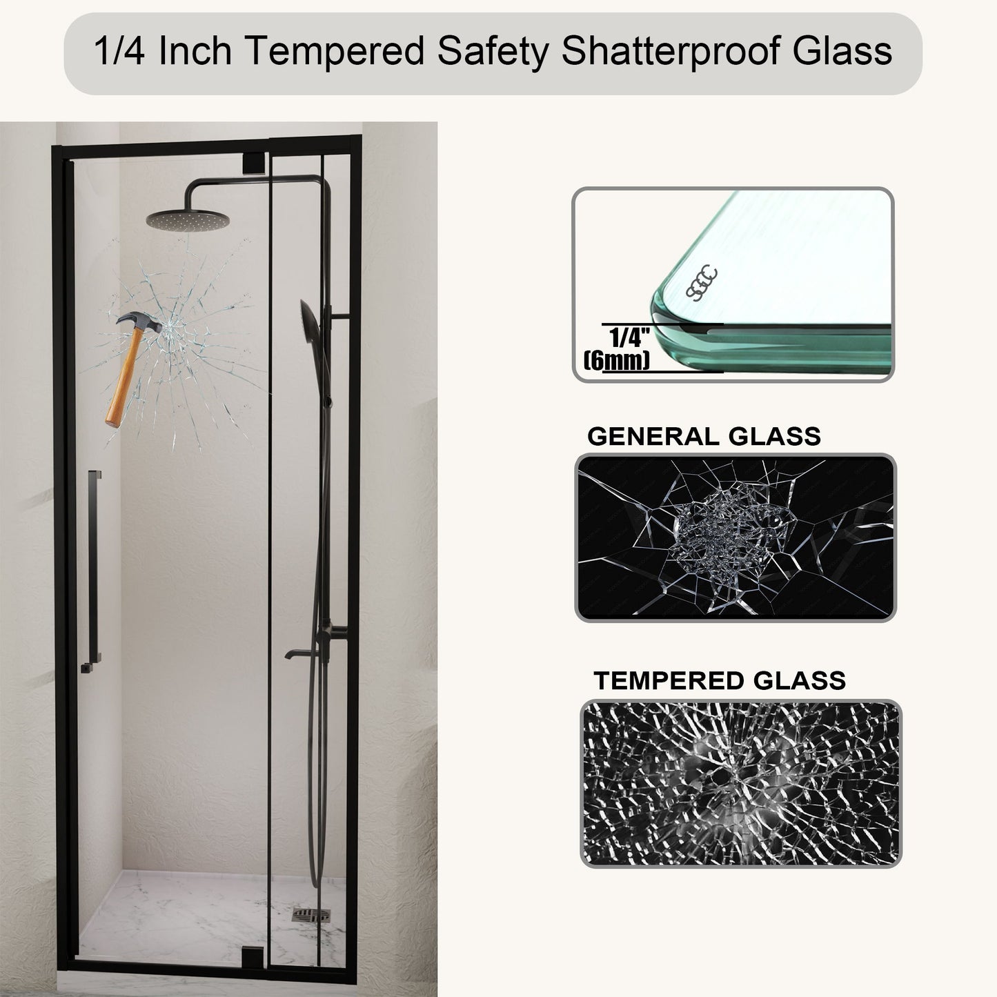 Semi Frameless Pivot Hinged Shower Door, Reversible Design