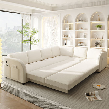 L-Shaped Couch With Pull-Out Bed, Convertible Sleeper Sofa With Side Pocket & USB Port