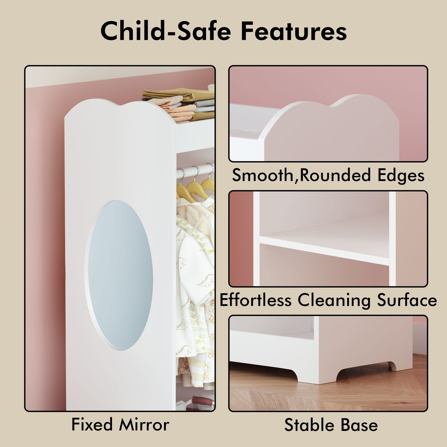 Dress Up Storage With Mirror And Hooks, Clothes Rack With Hanging Rod, 3 Side Hooks, Open Shelves, Top Shelf Organizer - White