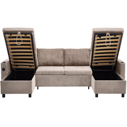 Sectional Sofa Bed With Pull Out Sleeper, USB Ports, Cup Holders