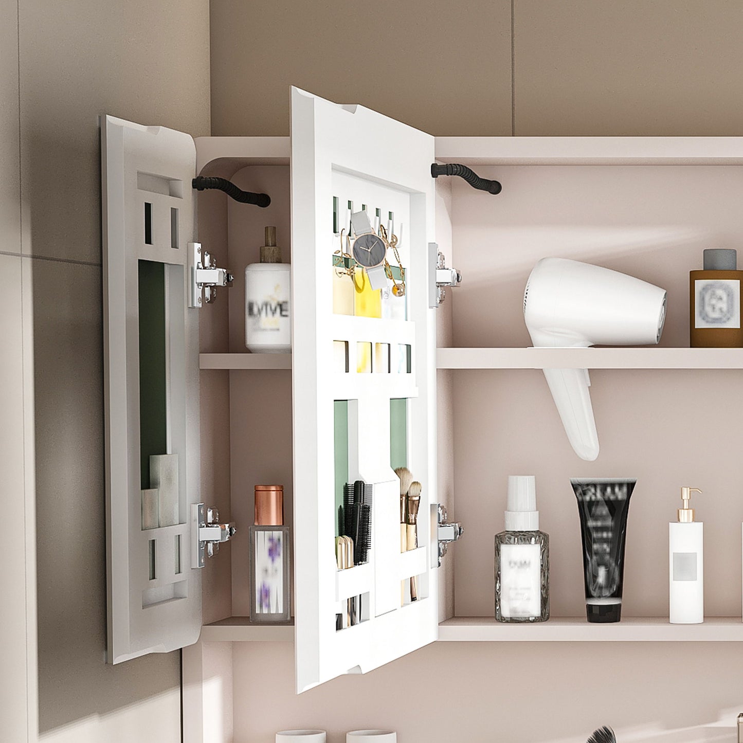 Aluminium Medicine Cabinet Mirror, With 3 Colors LED Light And Defogging Function - Khaki