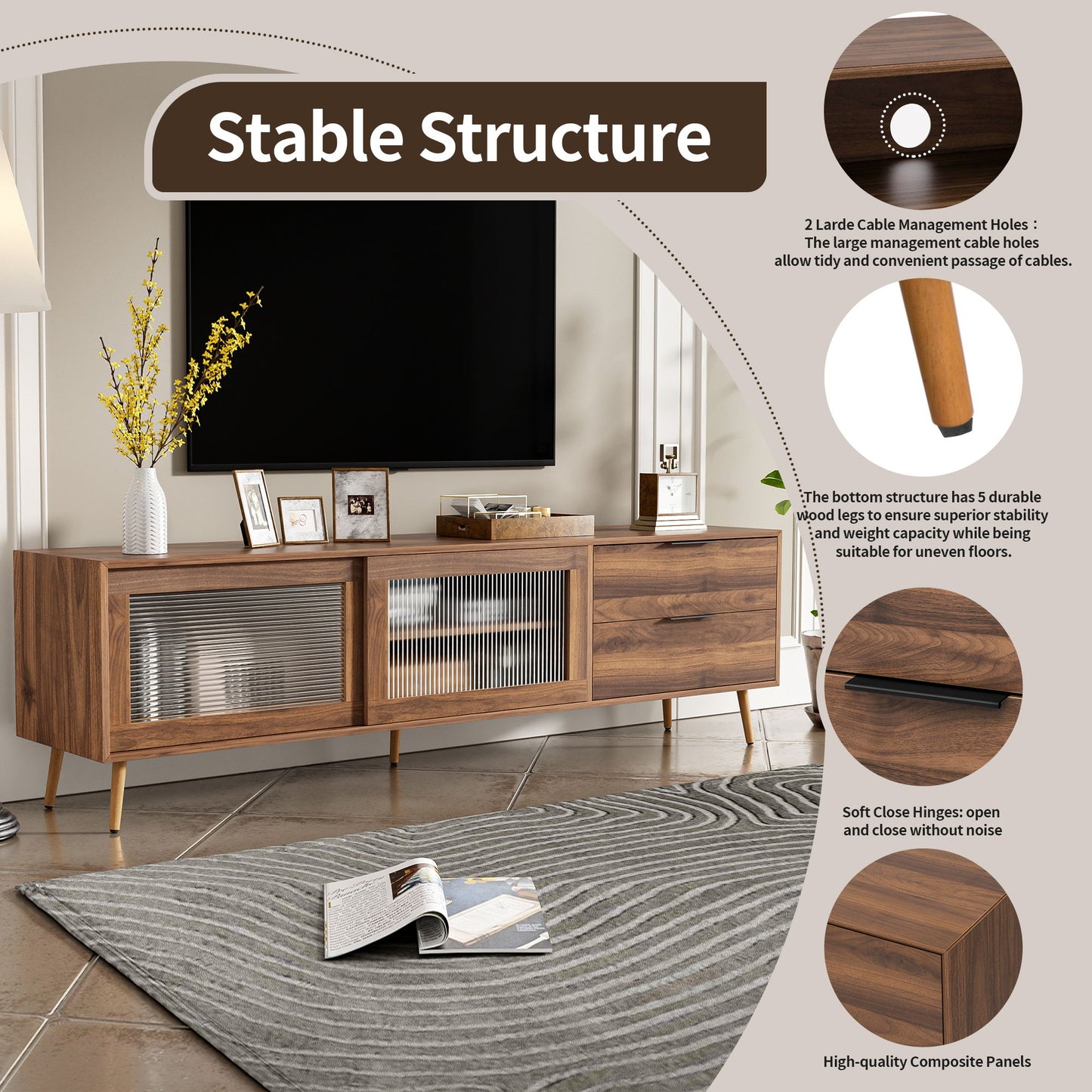 TV Stand, Media Console With 2 Doors, 2 Drawers & Storage Cabinet - Walnut