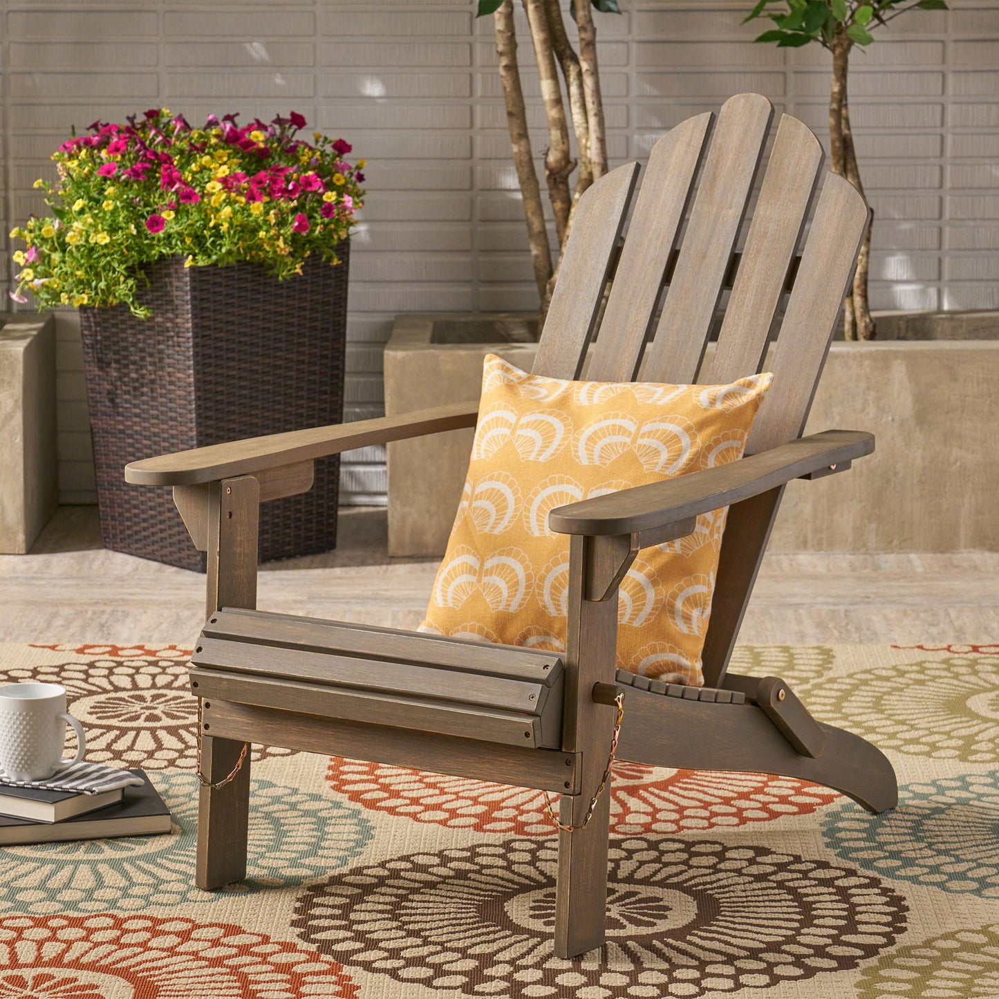 Outdoor Foldable Adirondack Chair With Hand Crafted Details - Gray