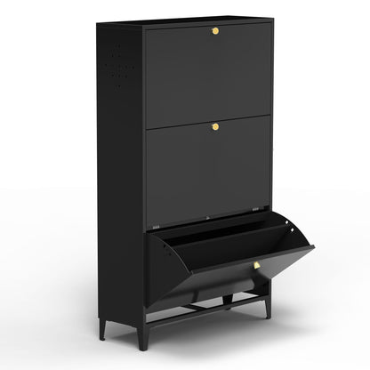 3 Drawer All Steel Shoe Cabinet, Freestanding Storage Organizer With Flip Door