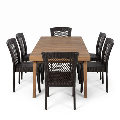 7 Piece Outdoor Patio Dining Set With Table & 6 Chairs - Brown / Brown Multi