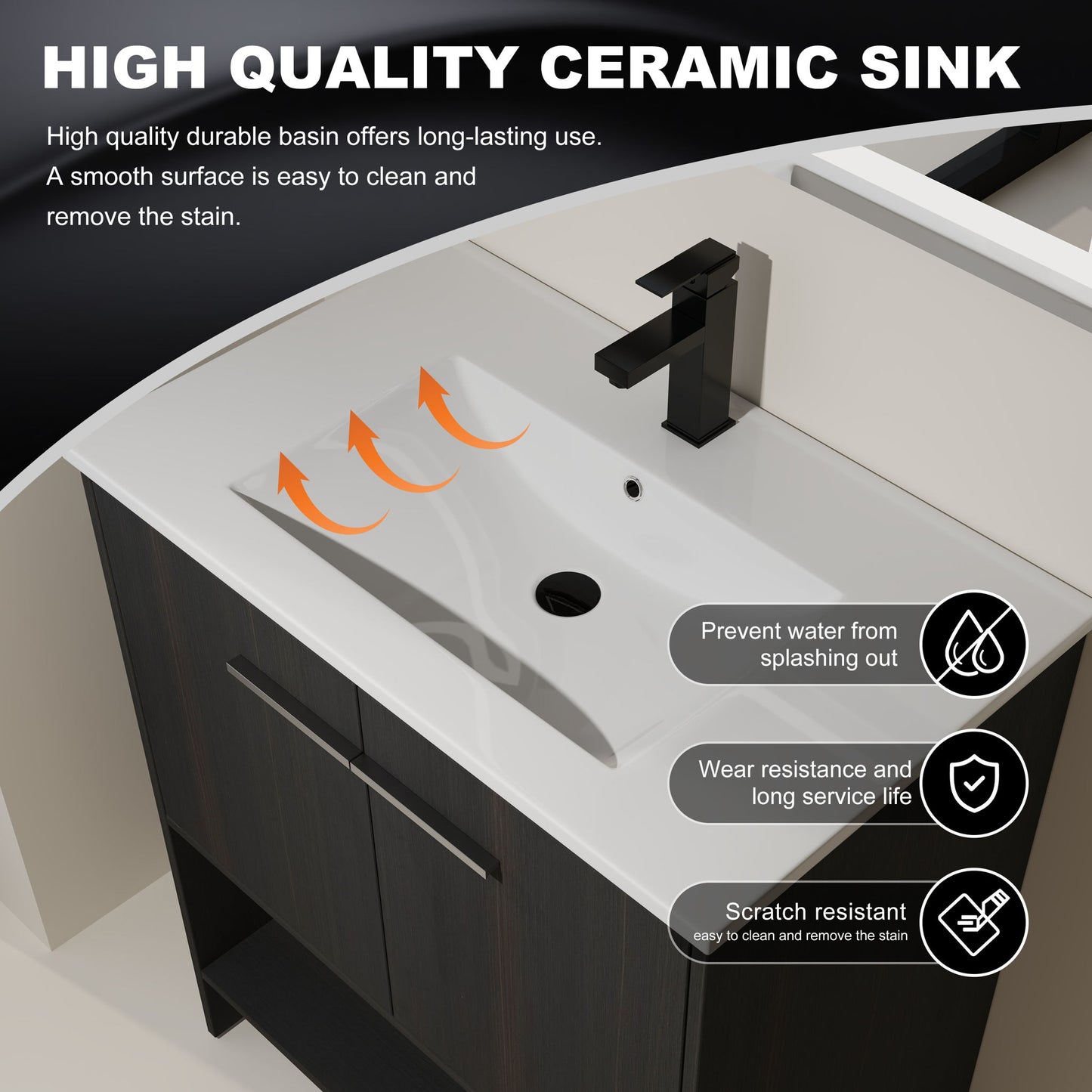 Modern Bathroom Vanity With Ceramic Sink, Freestanding Cabinet, Soft Closing Doors
