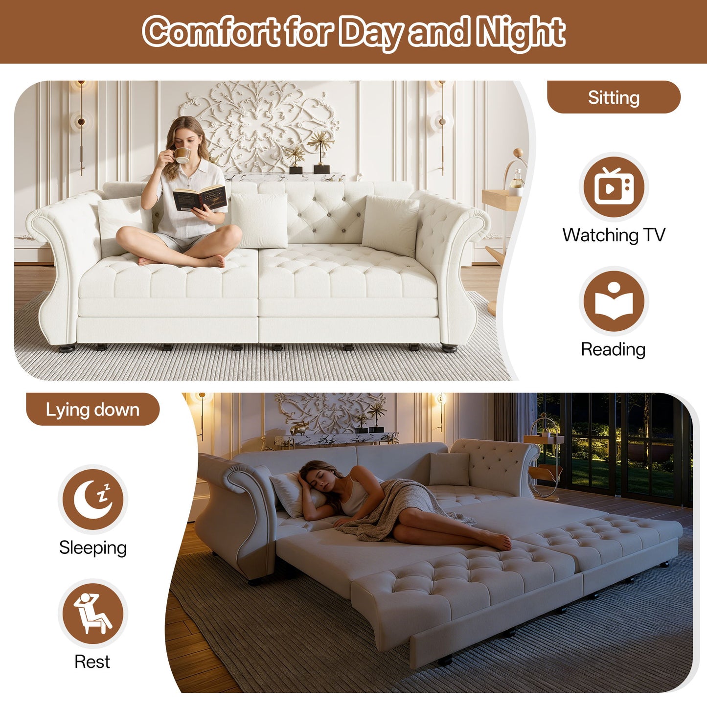 Oversized Chesterfield Pull Out Sofa Bed, Roll Arm Couch With Flower Tufting For Living Room