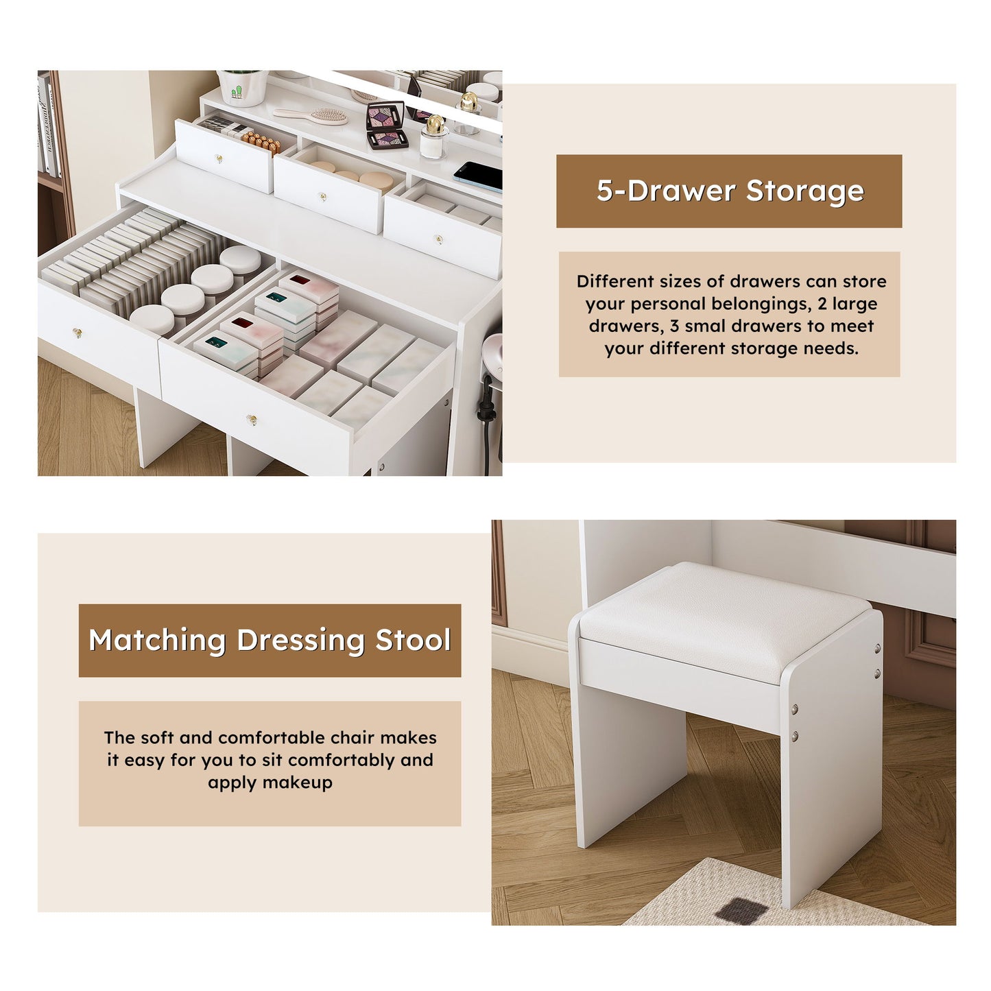 Modern Makeup Vanity Set With Power Outlet, Hair Dryer Holder, And Adjustable Lighting