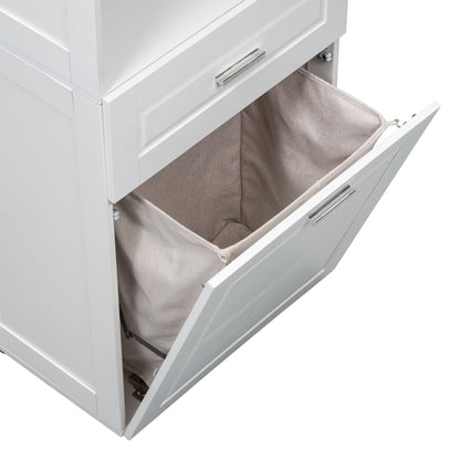Tall Bathroom Cabinet With Tilt-Out Laundry Basket And Upper Storage