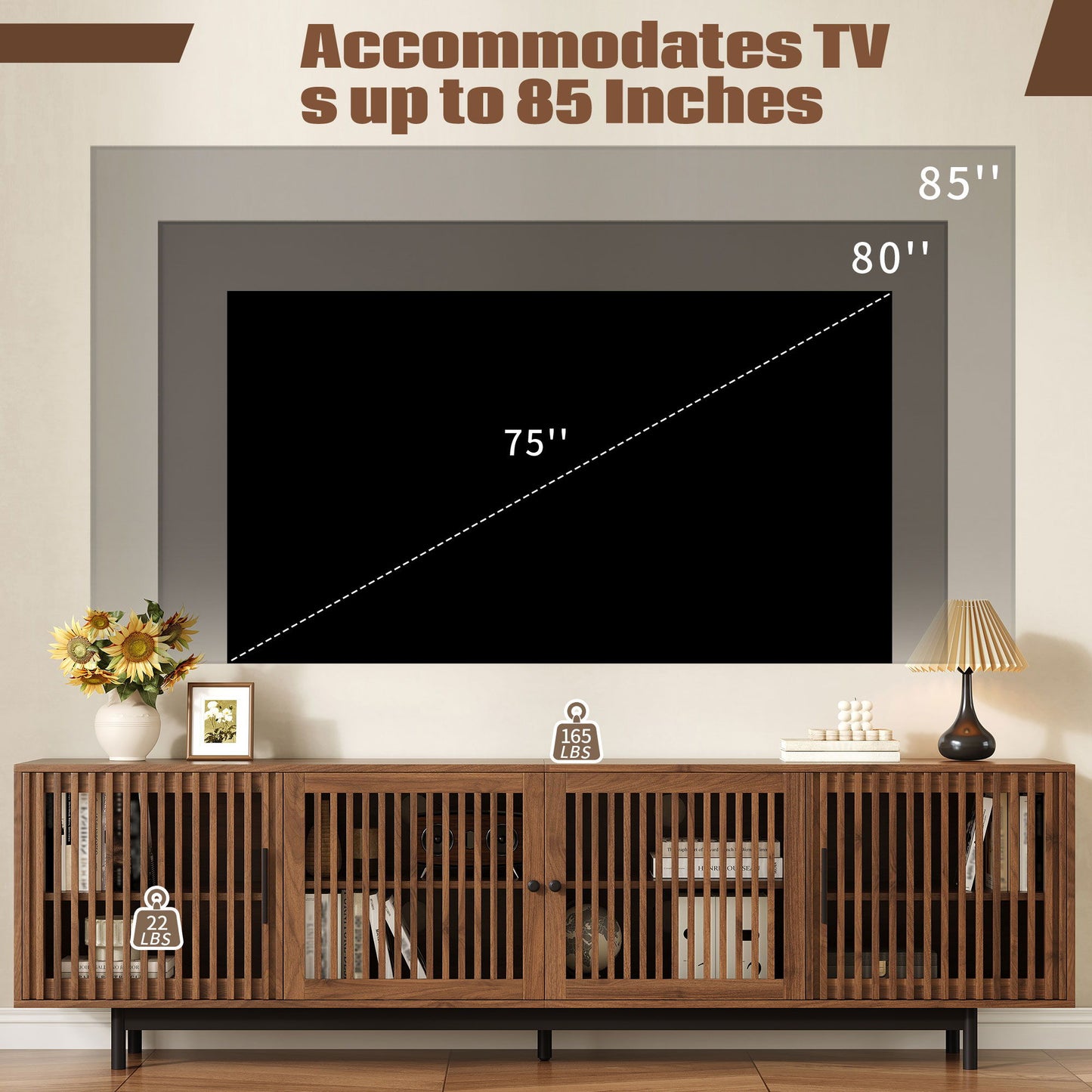 TV Stand For TVs, Entertainment Center With Closed Storage & Cable Management, Soft Closing Hinges - Walnut