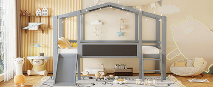 Loft House Bed With Ladder And Slide, With board And Light Strip On The Roof