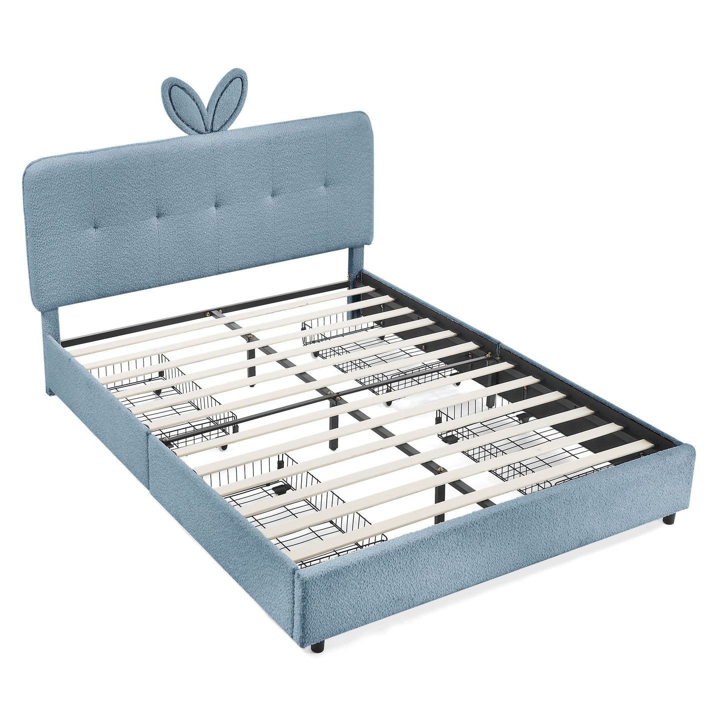 Upholstered Bed With Oversized Rabbit Ear Headboard, LED Lights & 4 Storage Drawers