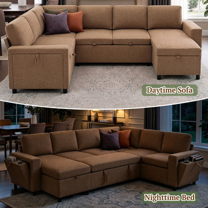U - Shaped Convertible Sectional Sofa Bed With Storage, USB Charger & Cup Holders