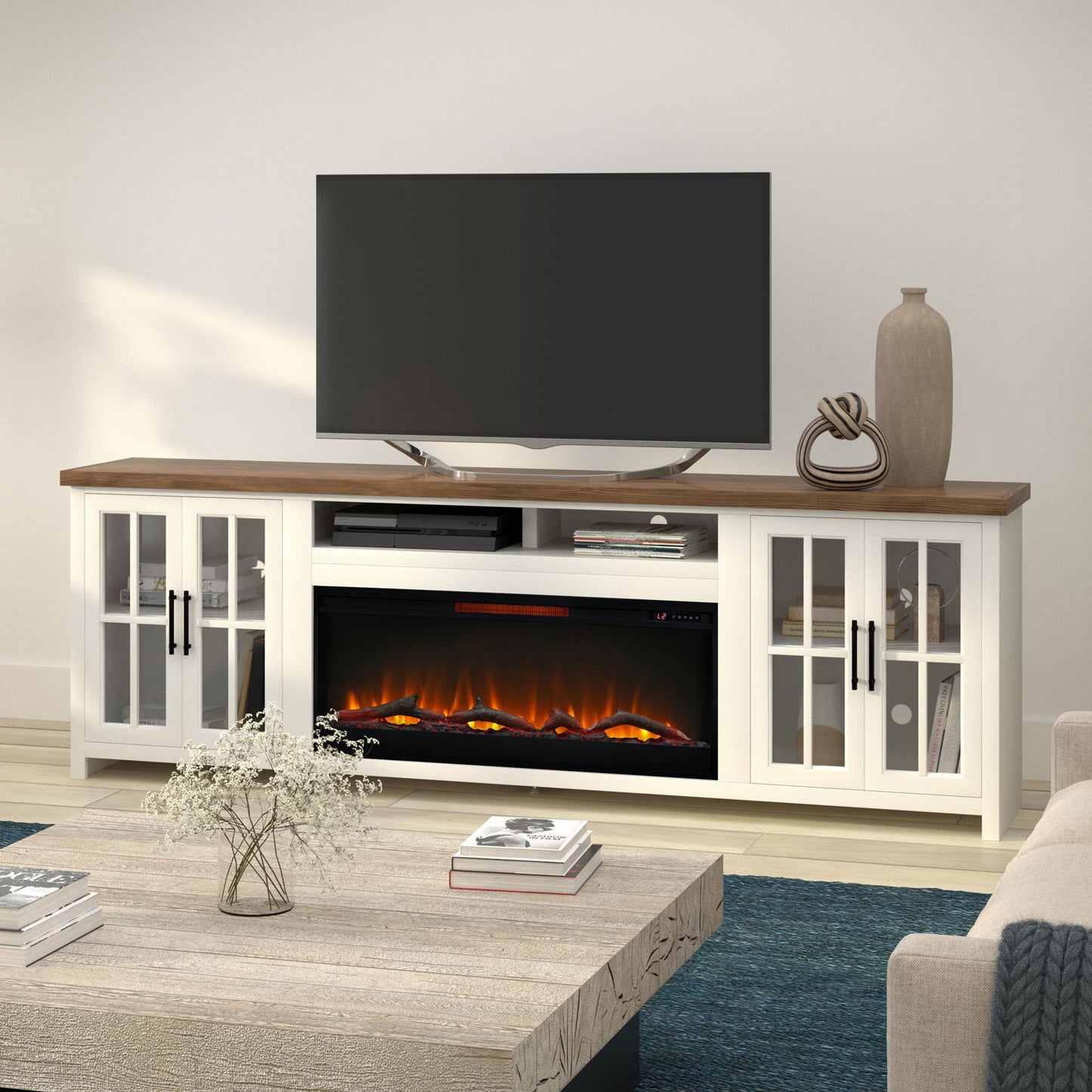 Fireplace TV Stand Console & Fixed Shelves