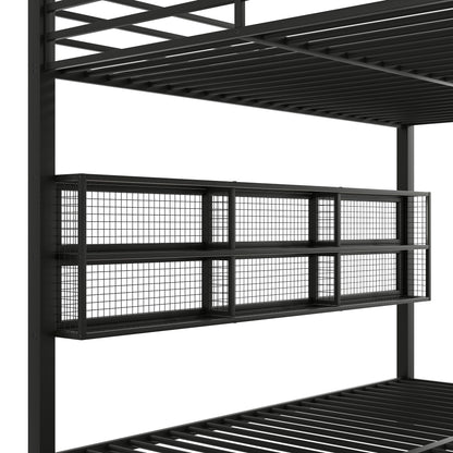 Queen Over Queen Bunk Bed With Storage Cabinets And LED Sturdy Frame, 6 Storage Units, Adjustable LED Lights - Black