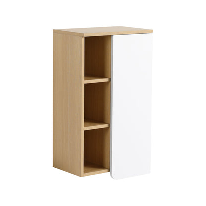 Wall Mounted Bathroom Side Cabinet, Single Door With 3 Tier Open Shelves - Black / Light Oak / White
