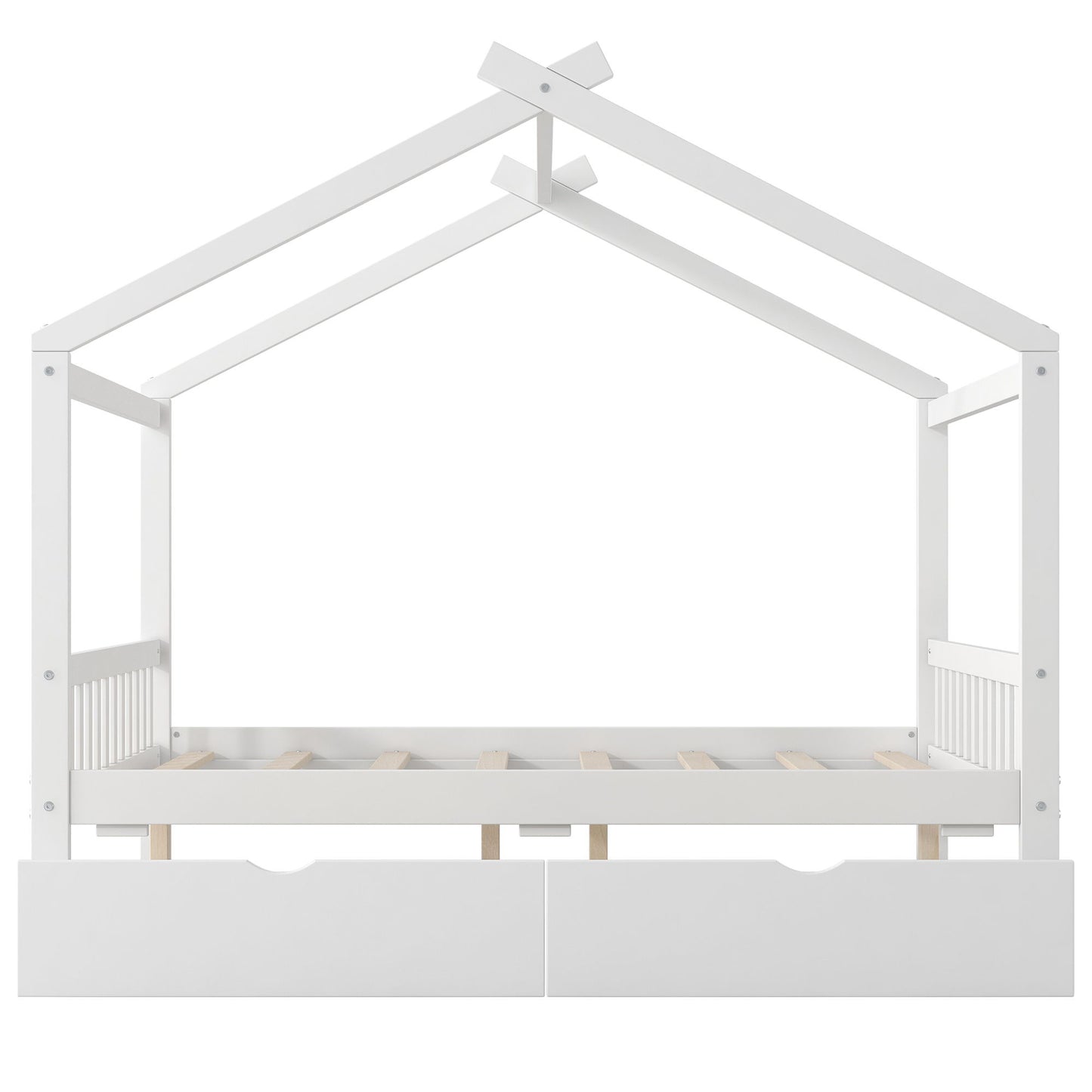 House Style Platform Bed With Headboard, Footboard, 2 Drawers, And Roof Design
