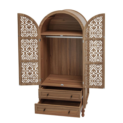 Tall Kitchen Pantry Cabinet With Hollow Carved Doors 2 Drawers And Adjustable Shelves Storage Display Cabinet For Kitchen Dining Room Or Living Room - Walnut