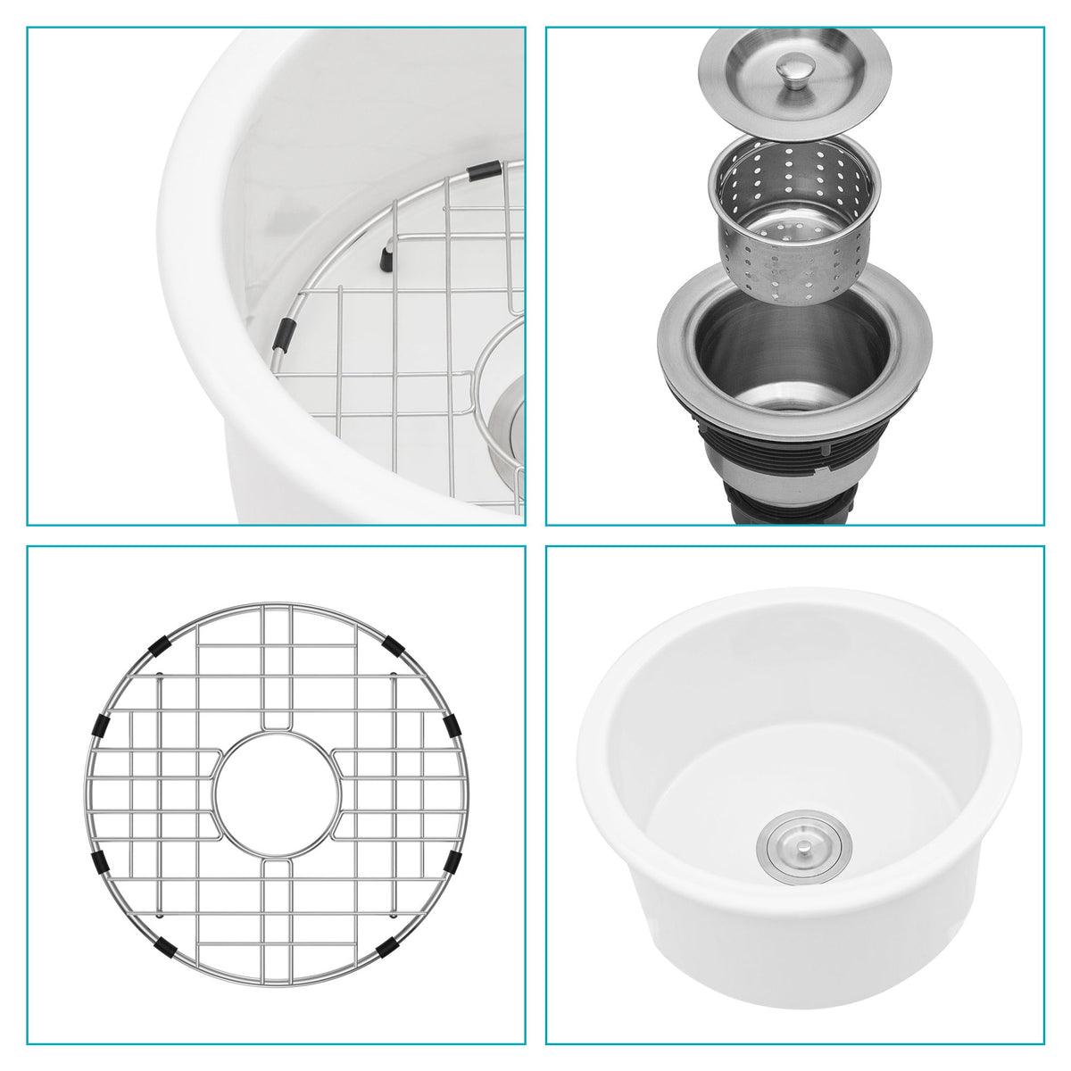 Ceramic Circular Kitchen Sink With Drain Assembly And Bottom Grid, 18" Dual Mount - White