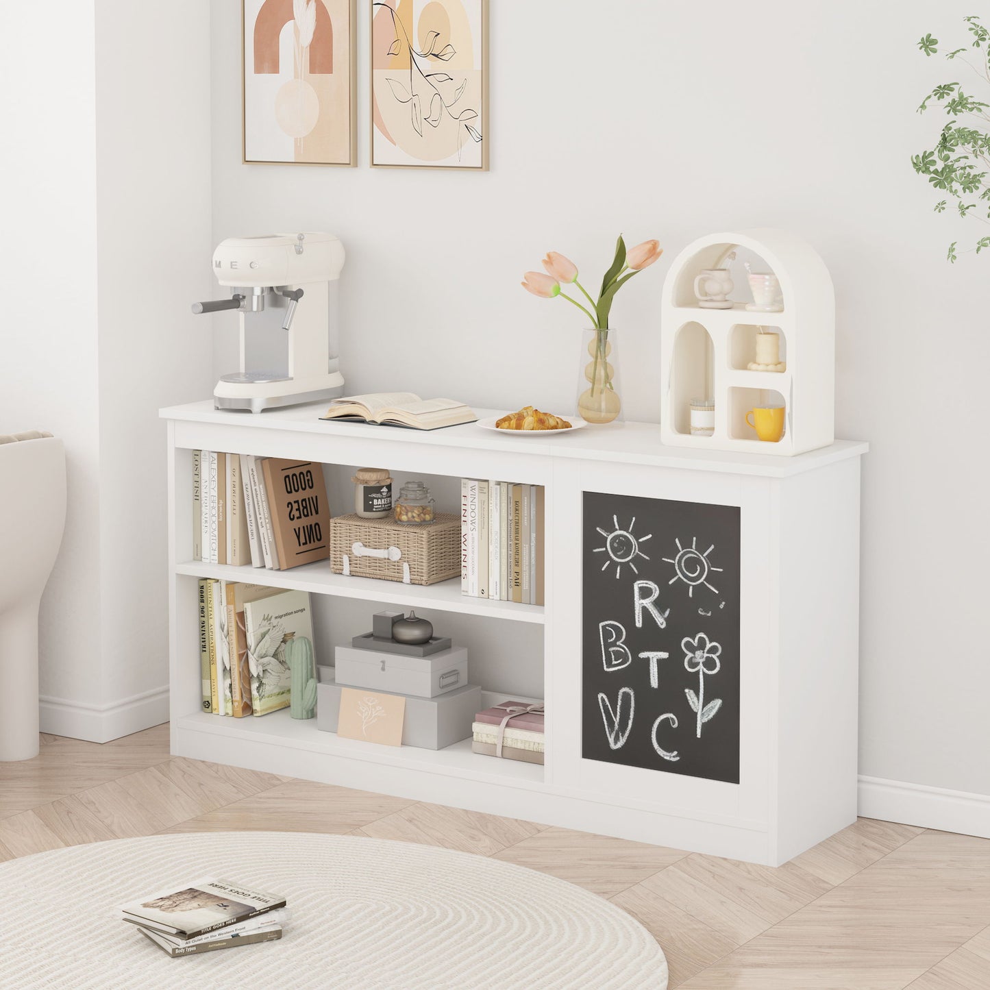 3 In 1 Bookshelf And Toy Storage Cabinet With Chalkboard, Organizer For Playroom Featuring And Spacious Storage - White