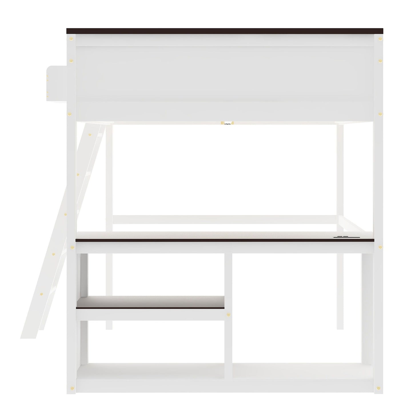 Queen Size Loft Bed With Desk, Open Shelf, Storage Box And USB Charging Station - White