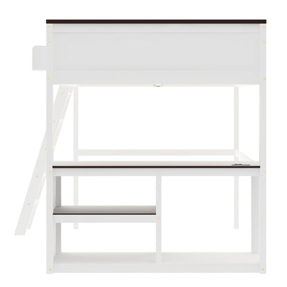 Queen Size Loft Bed With Desk, Open Shelf, Storage Box And USB Charging Station - White