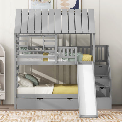 House Bunk Bed With Trundle, Storage Staircase, Roof And Window Design